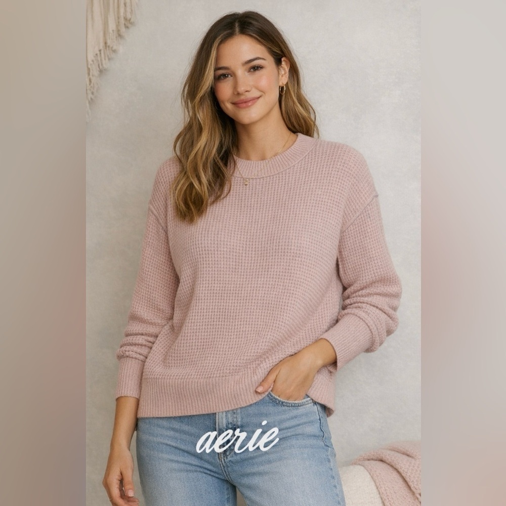 Aerie Sweater Light Pink Crew Neck Knit Waffle Pullover Size XS/TP